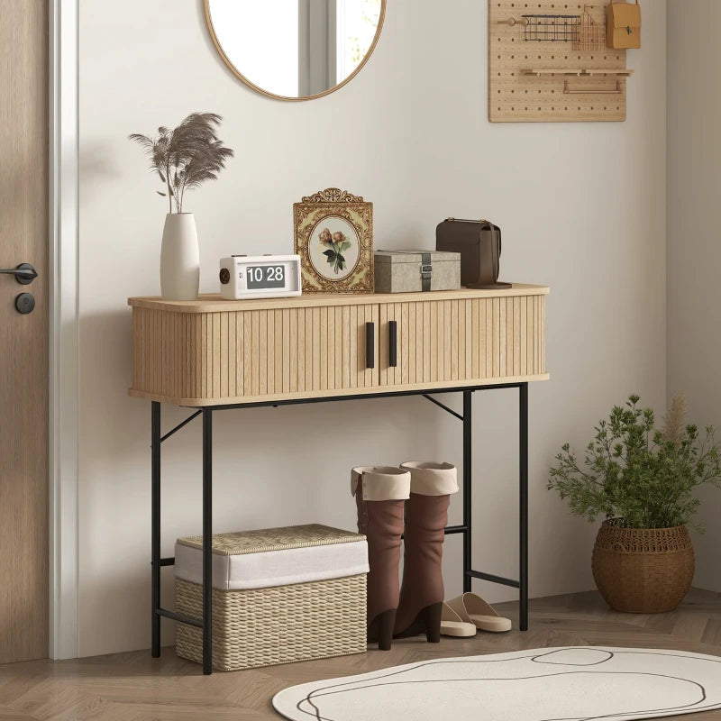 Mid-Century Narrow Console Table with Slatted Tambour Sliding Doors, Entryway Table with Steel Legs, Oak and Black