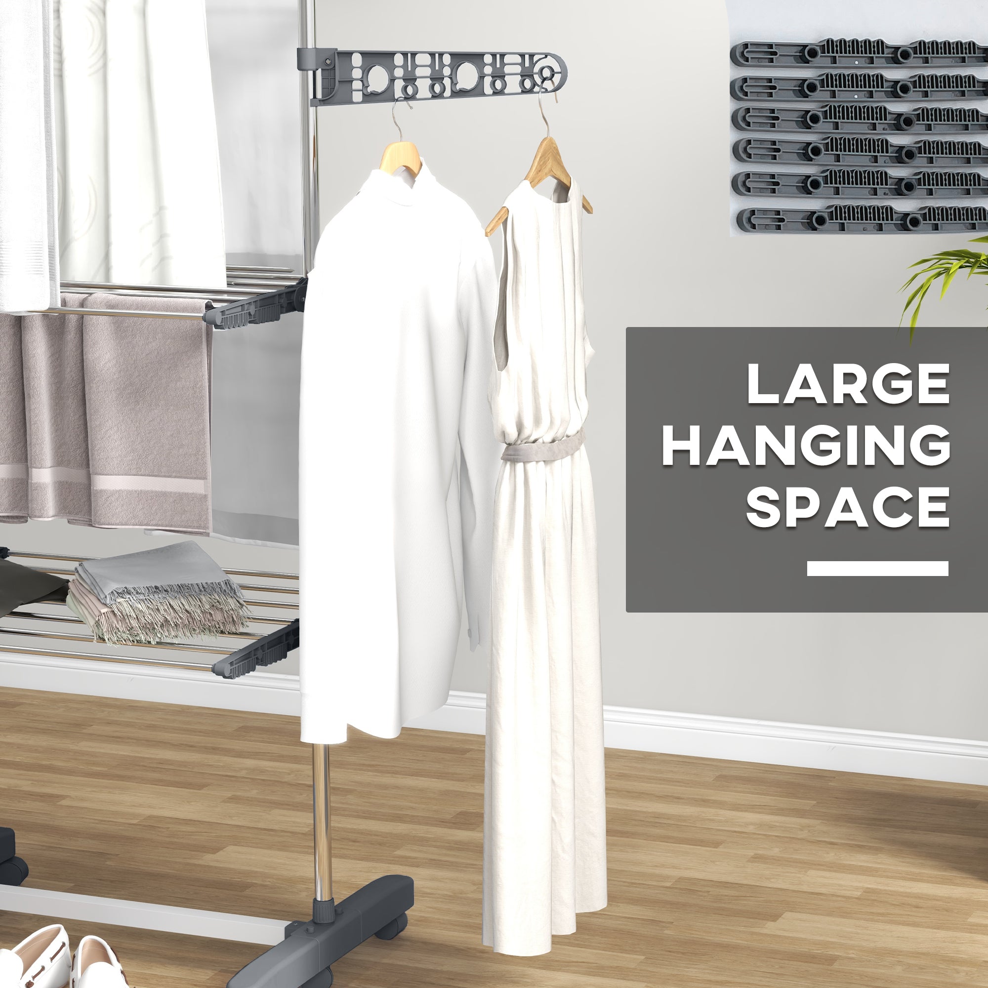 HOMCOM Laundry Rack Drying 3 Layers Stainless Steel Foldable Clothes Airer with Side Wings 6 Castors Grey