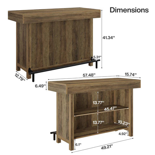 57.48" Industrial Bar Unit Counter Height Bar Table with 2-Tier Storage Shelf and Metal Footrest for Home Bar Dining Rustic Brown
