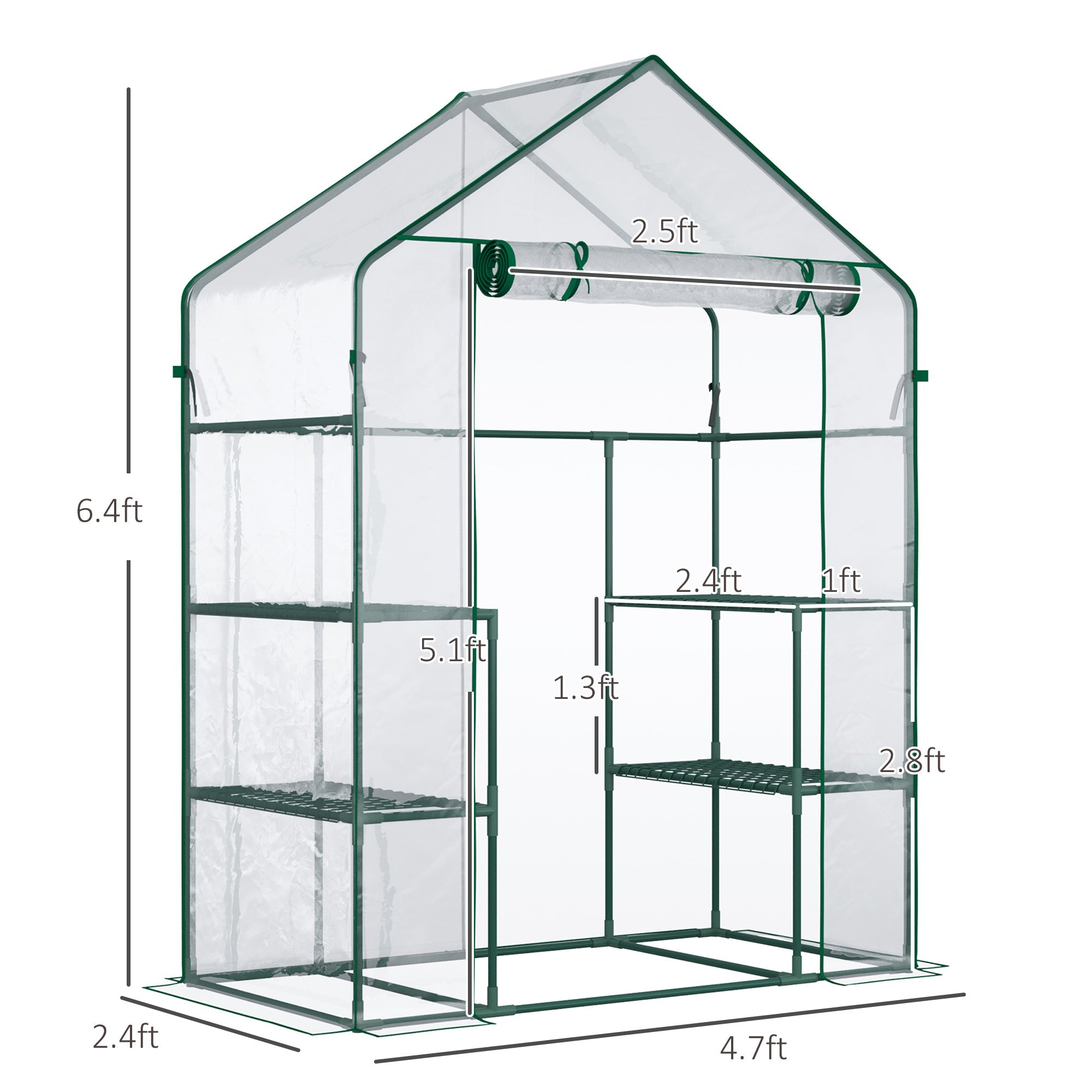 Outsunny Greenhouse Getaway: 56" x 29" x 77" Mini Walk-in Greenhouse with 4 Shelves, Roll-Up Door, Weather Cover, Clear