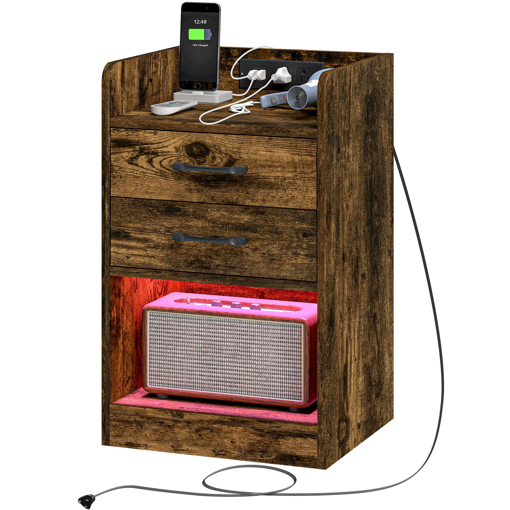 HOMCOM Charging Nightstand Oasis: Brown Rustic Bedroom Furniture with LED Lights, AC Outlets, USB Ports, 2 Drawers & Shelf