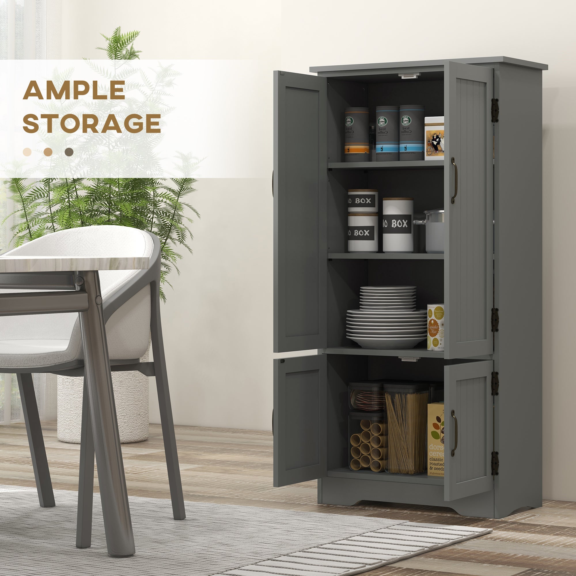 HOMCOM 4-Door Storage Cabinet Multi-Storey Large Space Pantry with Adjustable Shelves Grey