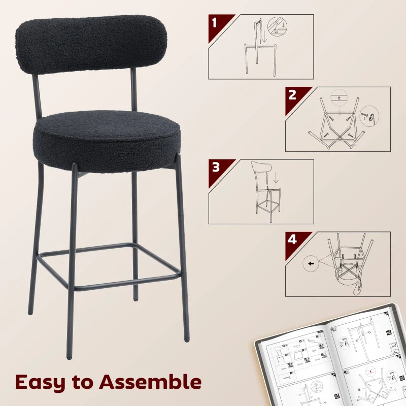 Set of 2 Barstools, Upholstered Bar Stools with Backrest, Footrest for Kitchen Island, Dining Room, Black