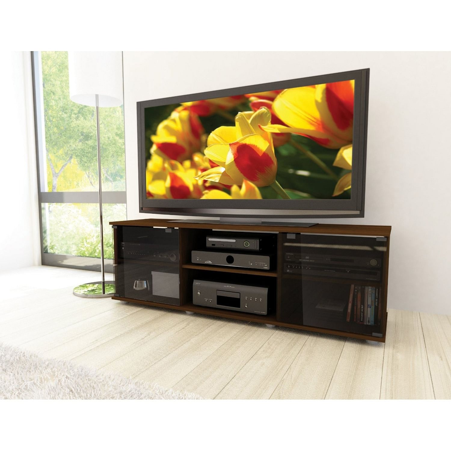 Contemporary Brown TV Stand with Glass Doors - Fits TV's up to 64-inch - Free Shipping