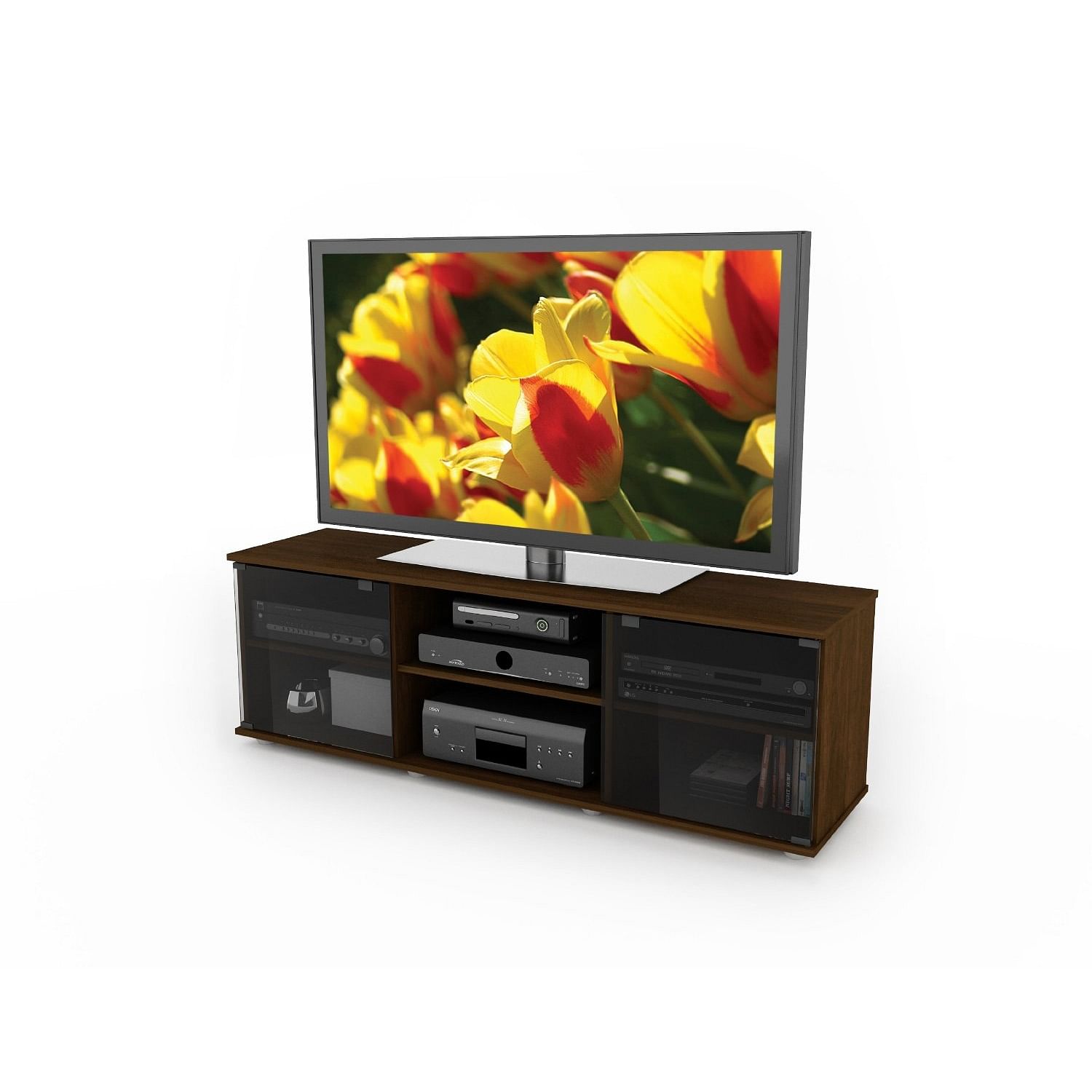 Contemporary Brown TV Stand with Glass Doors - Fits TV's up to 64-inch - Free Shipping