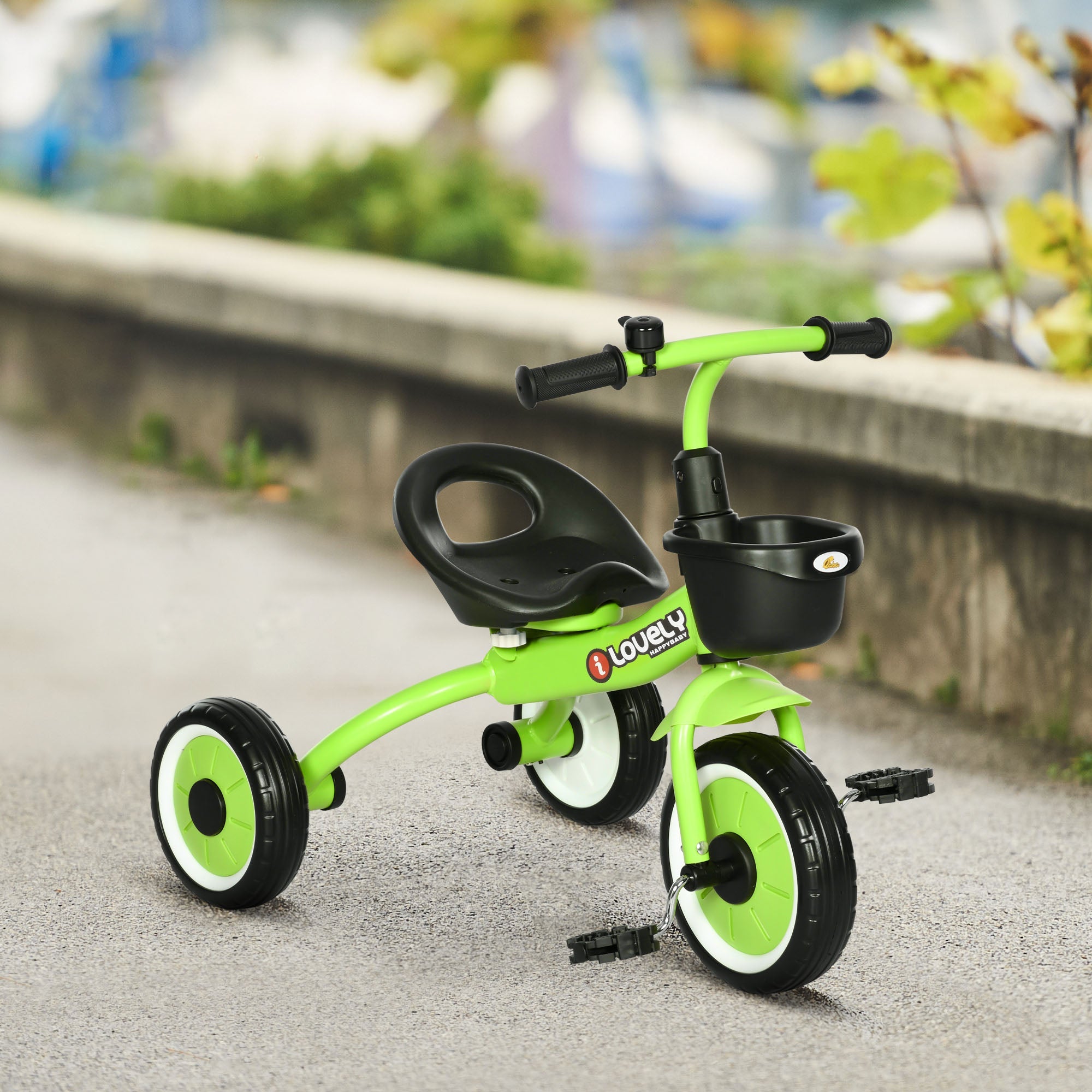Qaba Kids Tricycle: Adjustable Seat 2-5 Years, Basket, Bell, for Girls/Boys, Green, Toddler Trike