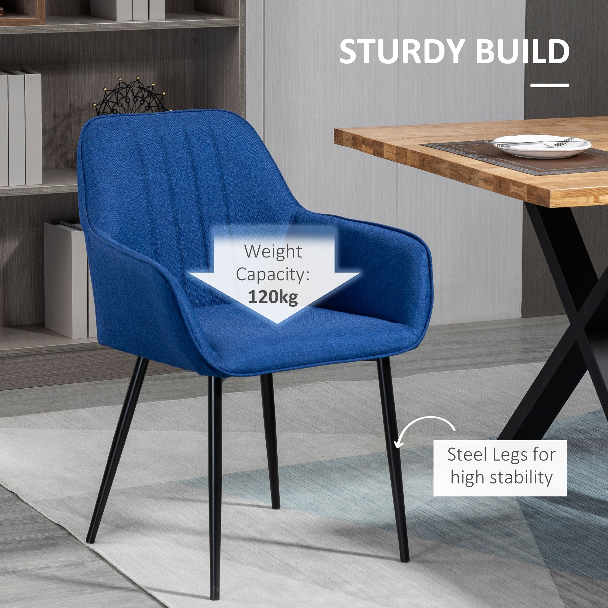 HOMCOM Dining Chairs Set of 2 Upholstered Linen Fabric Accent Chair Metal Legs Comfortable Seating Dark Blue