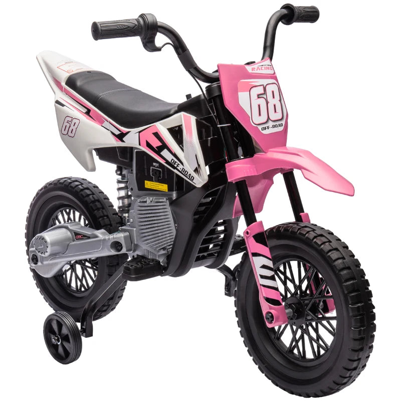 Qaba 12V Kids Dirt Bike, Electric Motorcycle with Twist Grip Throttle, Training Wheels, Rear Suspension & Music, Pink