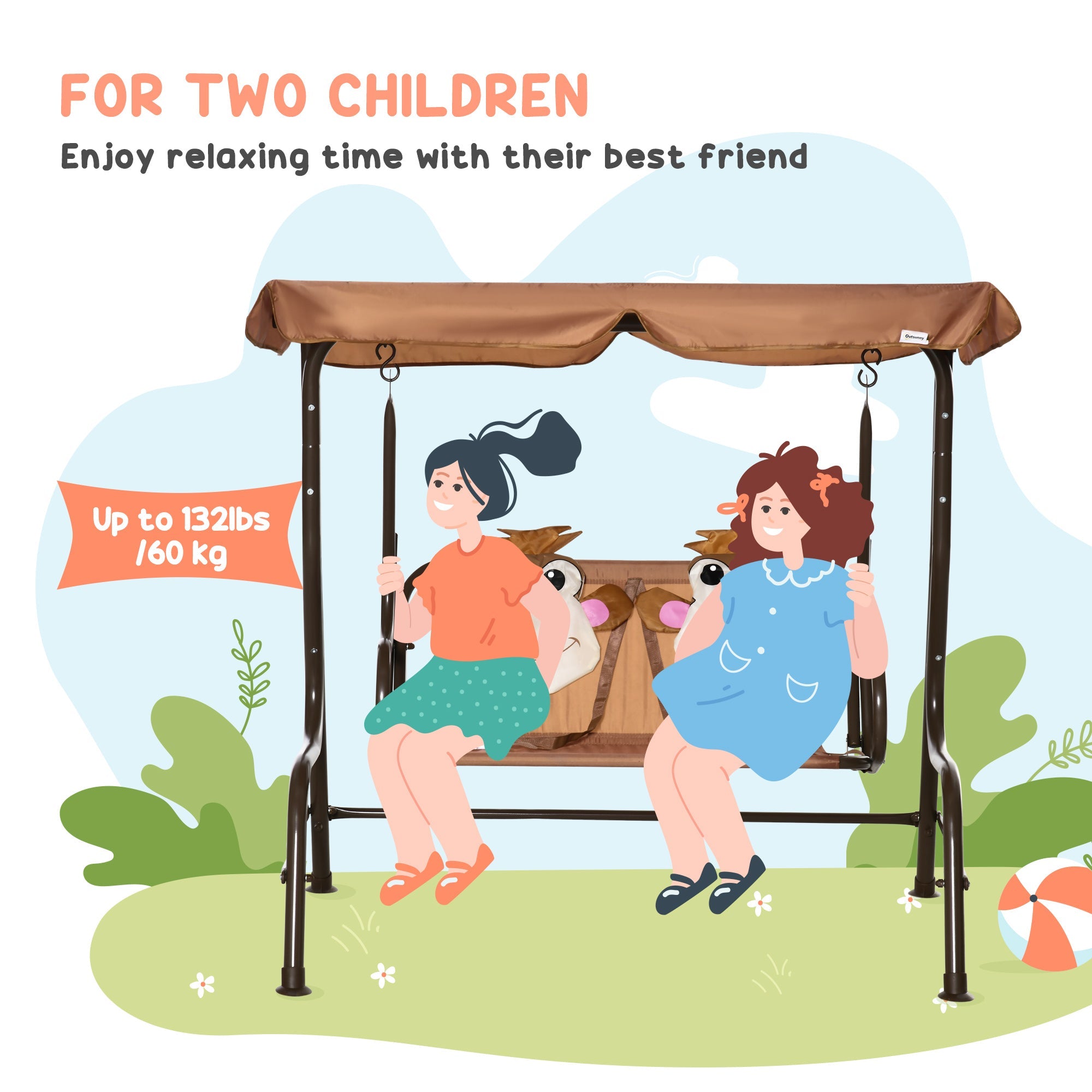 Outsunny 2-Seat Kid Swing with Adjustable Canopy Coffee Outdoor Patio Lounge Chair for Garden Porch