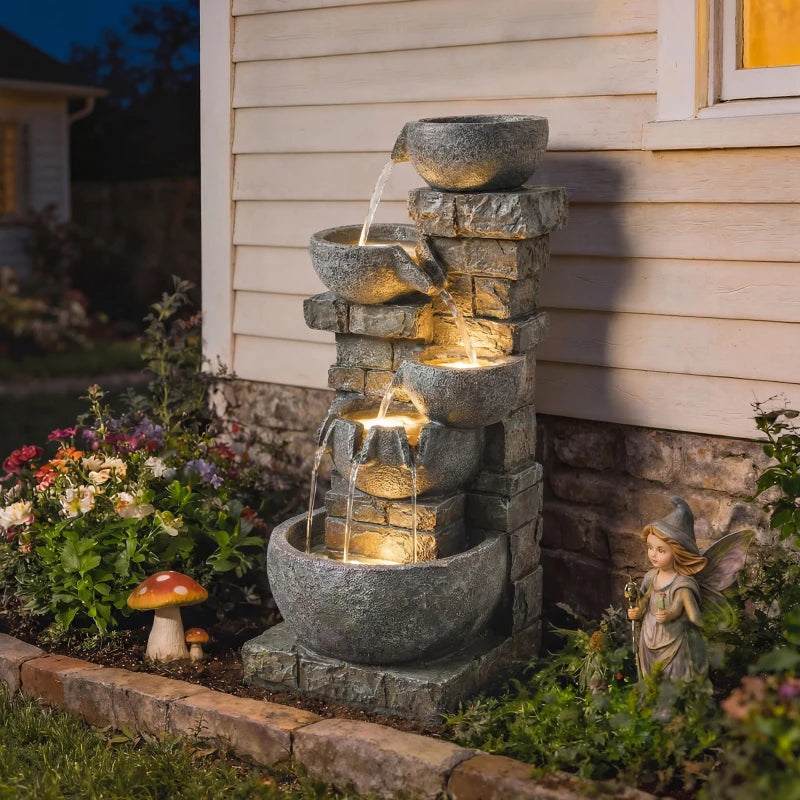 Outdoor 31.5" Tall Water Fountain with LED Lights, 5 Tiers Cascading Water Feature for Garden Patio Home Decor, Grey