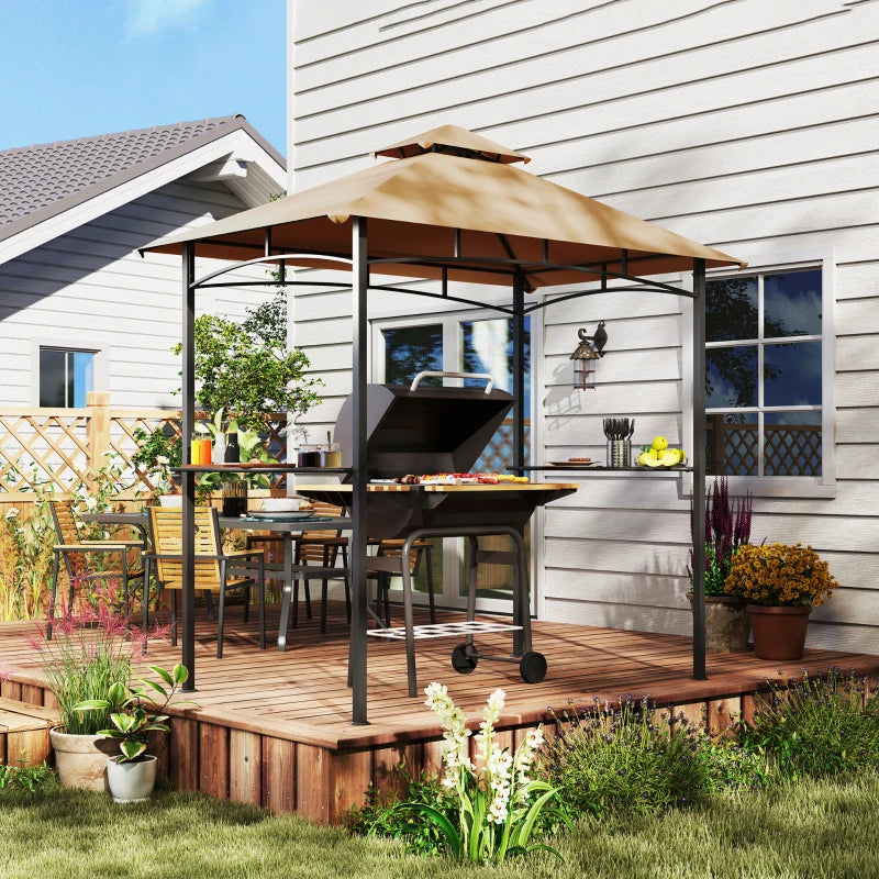 8' x 5' BBQ Grill Gazebo Tent with Double Tiered Canopy for Outdoor Sun Shade, Khaki