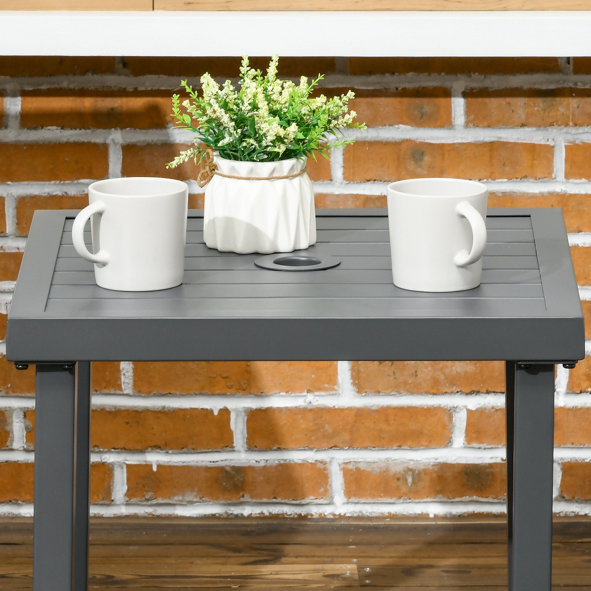 Outsunny Patio Side Table with Umbrella Hole Steel Frame Small Coffee Table Gray