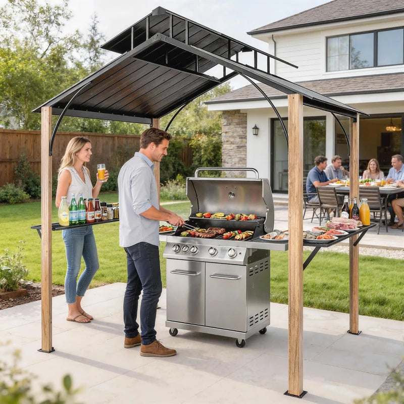 8 x 6ft Hardtop Grill Gazebo, BBQ Gazebo with Metal Double Roof, Outdoor Grill Canopy with Wood-Grain Aluminum Frame