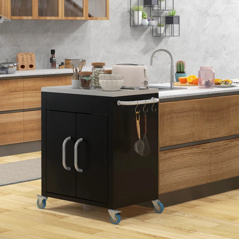 Outdoor Grill Cart with Stainless Steel Top, Pizza Oven Table with Wheels Hooks Cabinet Handles, Black