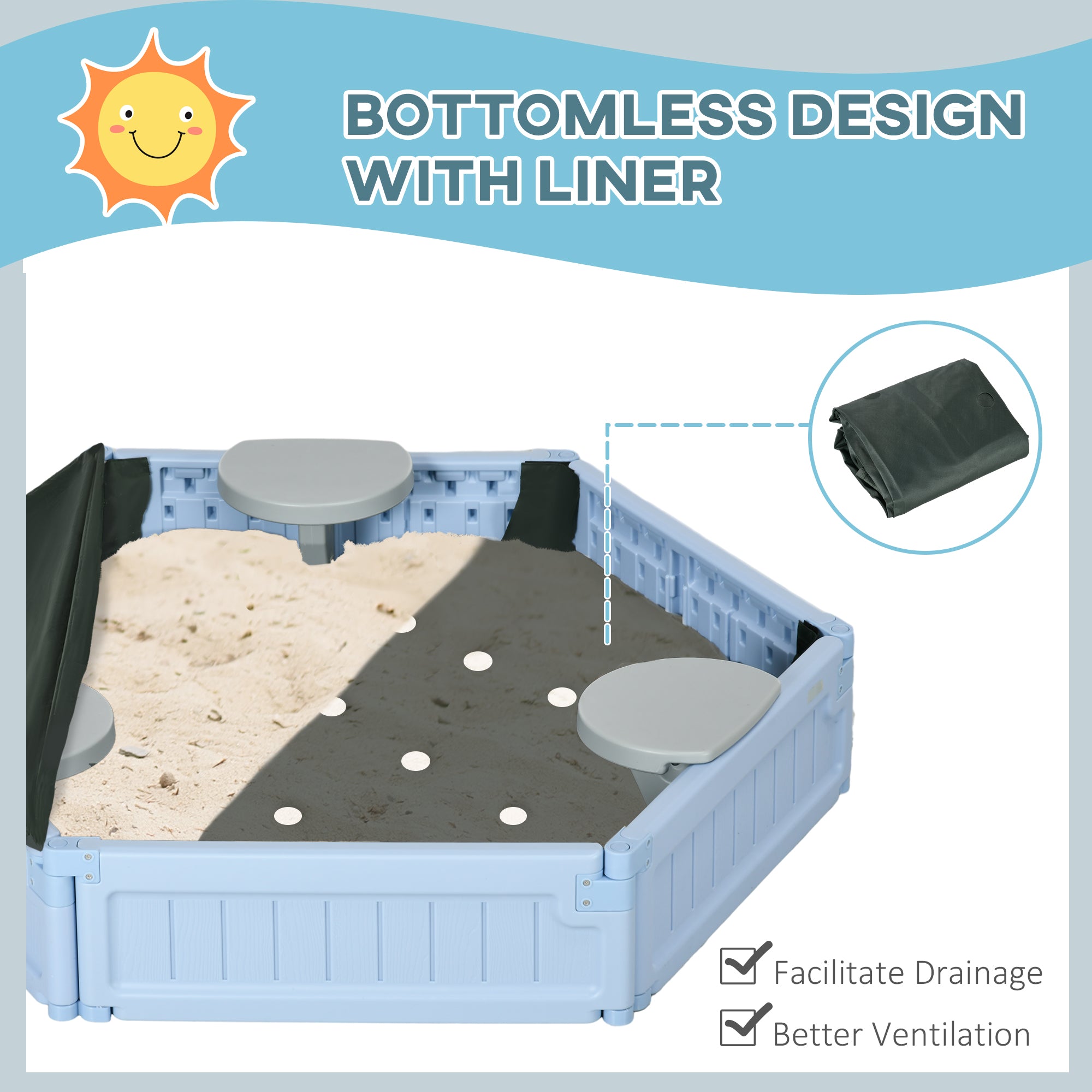 Outsunny Sandbox with Cover for Kids 3 Seats Bottom Liner Light Blue 3-12 Years Old