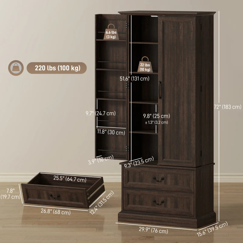 72" LED Kitchen Pantry Cabinet, Buffet Storage Cabinet with 10 Door Shelves, 2 Drawers and Adjustable Shelves, Brown