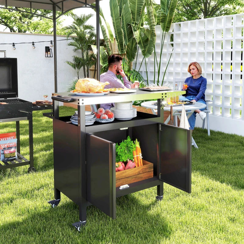 Outdoor Grill Cart Table with Foldable Side Table, BBQ Grill Stand with Stainless Steel Top & Hooks, 45.7"x19.7", Black
