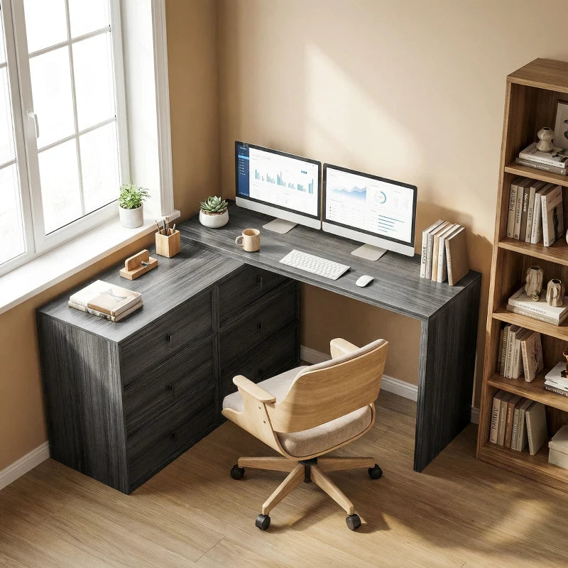 L Shaped Computer Desk Home Office Desk with 6 Drawers Black Wood Grain