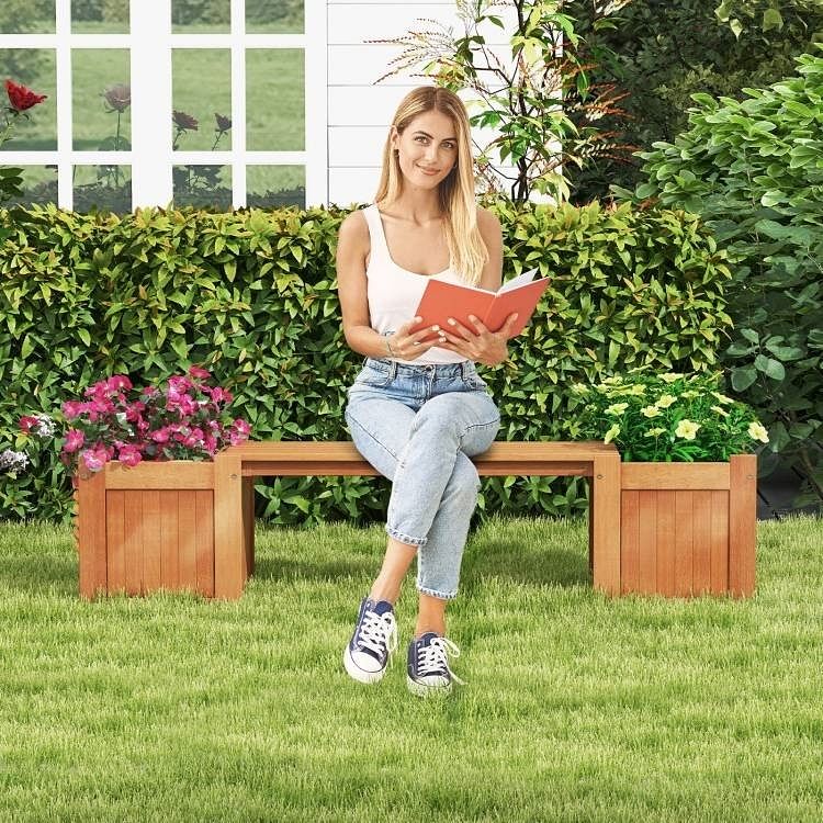 Farmhouse Durable Outdoor Wooden Planter Box with Garden Bench - Free Shipping