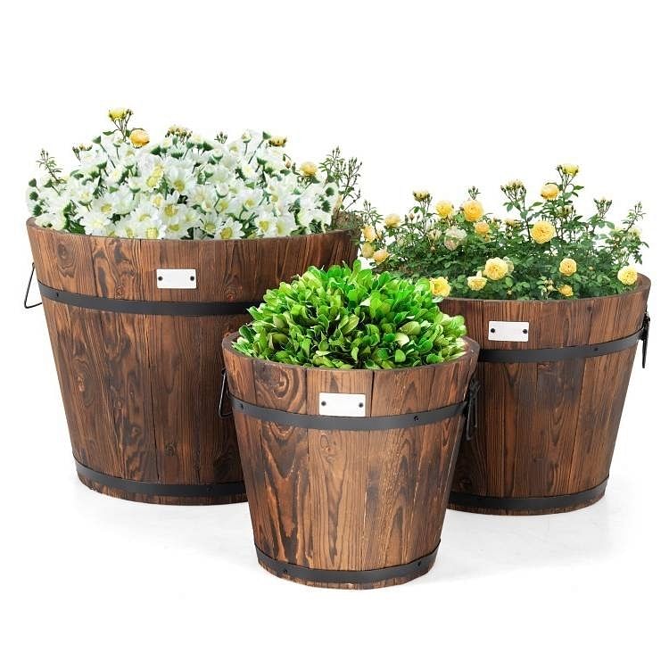 Set of 3 Outdoor Wooden Barrel Planter Pots with Handles 11.5, 15, and 18 inch - Free Shipping
