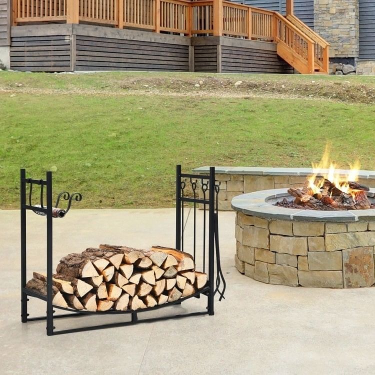 Indoor/Outdoor Heavy Duty Steel Firewood Storage w/ Kindling Holders, Shovel - Free Shipping
