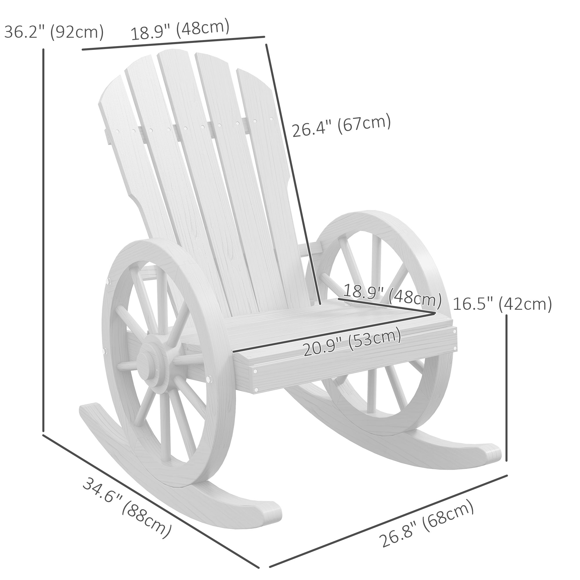 Outsunny Patio Wooden Rocking Chair, Wagon Outdoor Rocker Chair with Slatted Design and Wheel Armrests for Garden, White