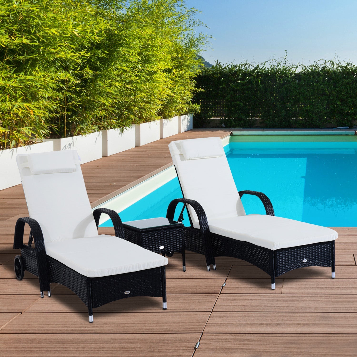 Outsunny 3 Pieces Patio Rattan Lounge Set Wheeled Wicker Chaise Lounge Chair Set Reclining Lounger Adjustable Black Cream White