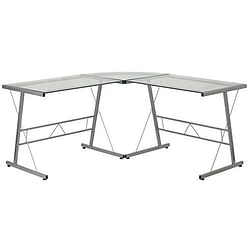 Modern Silver Metal L-Shaped Desk with Glass Top and Floor Glides - Free Shipping