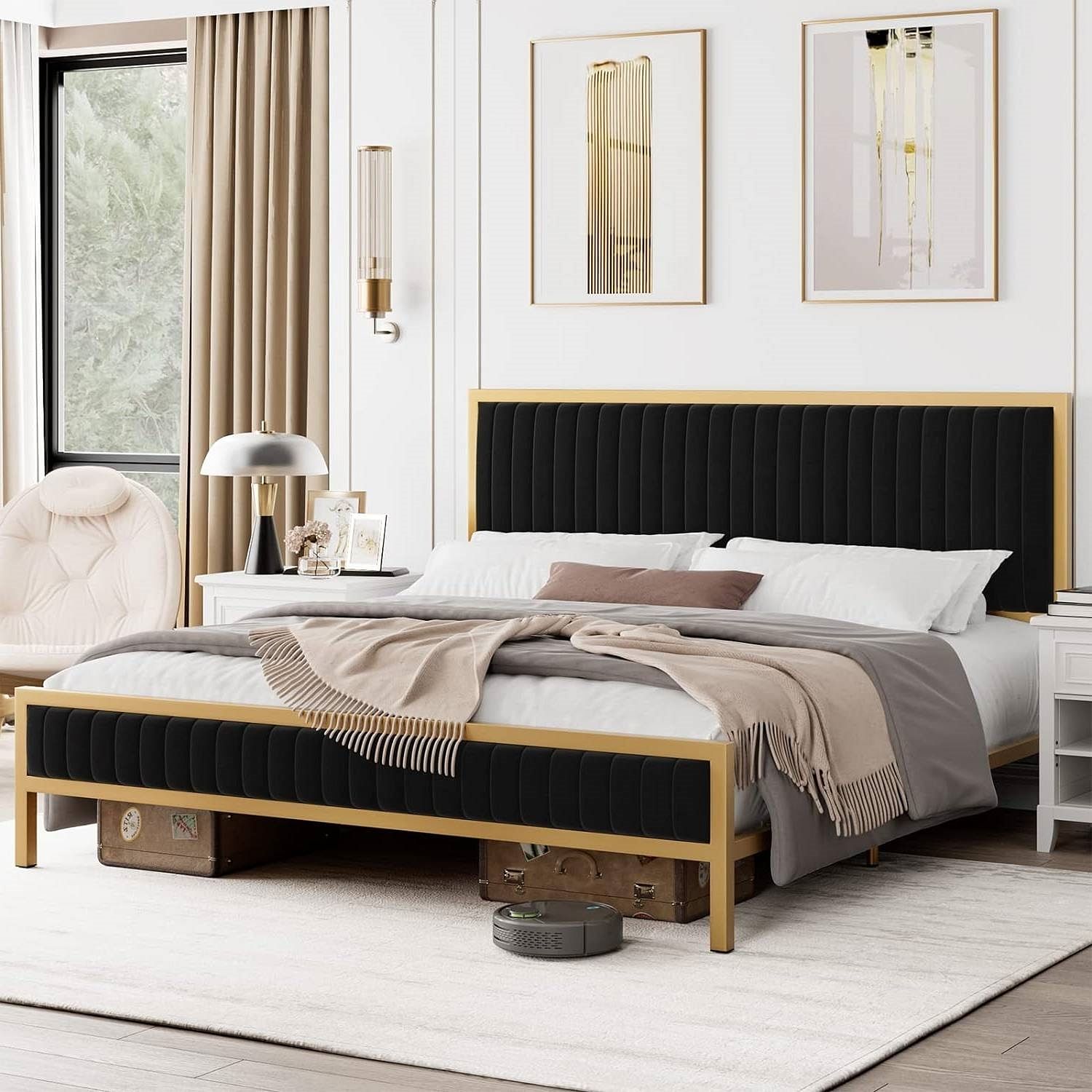 Full size Gold Metal Platform Bed Frame with Black Velvet Upholstered Headboard - Free Shipping