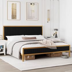 Full size Gold Metal Platform Bed Frame with Black Velvet Upholstered Headboard - Free Shipping