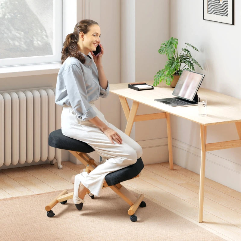 Ergonomic Kneeling Chair, Posture Chair with Rubberwood Frame, Rolling Wheels for Office, Posture Correction, Black