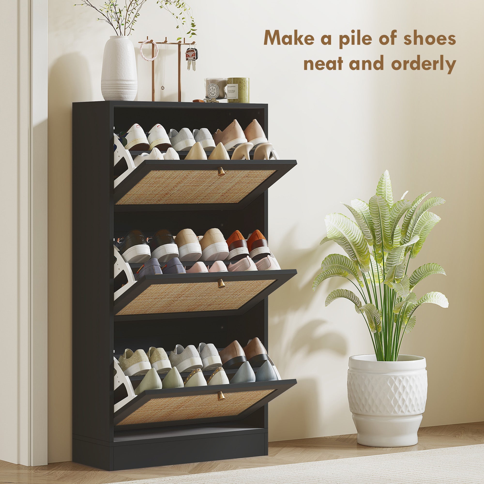HOMCOM Rattan Shoe Cabinet: 3 Flip Drawers, Adjustable Shelves for 18 Pairs, Entryway/Hallway Organizer