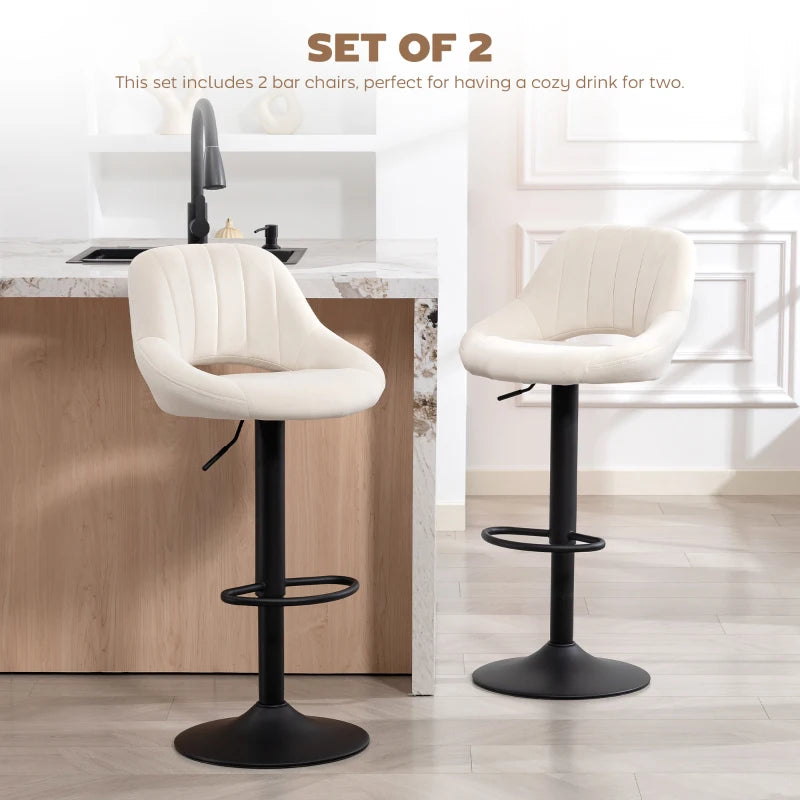 Bar Stools Set of 2, Swivel Counter Height Barstools with Adjustable Height, Plush Upholstered Bar Chairs with Round Metal Base and Footrest, Cream