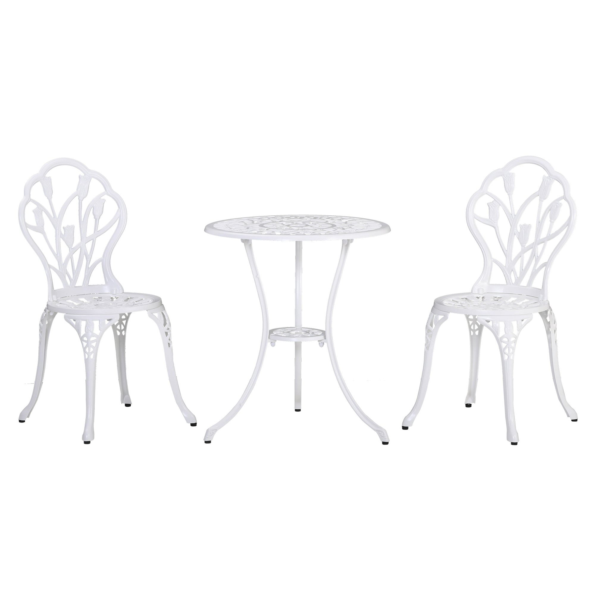 Outsunny 3-Piece Cast Aluminum Patio Bistro Set, Outdoor Table and Chairs with Umbrella Hole, Elegant Design, White