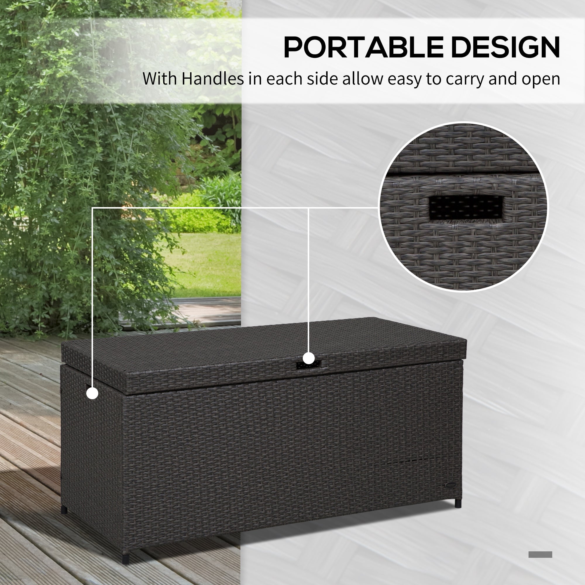 Outsunny Outdoor Storage Box Wicker Patio Deck Bin Rattan Foot Stool w/Steel Frame Large Capacity Rectangle Coffee Table w/Handle