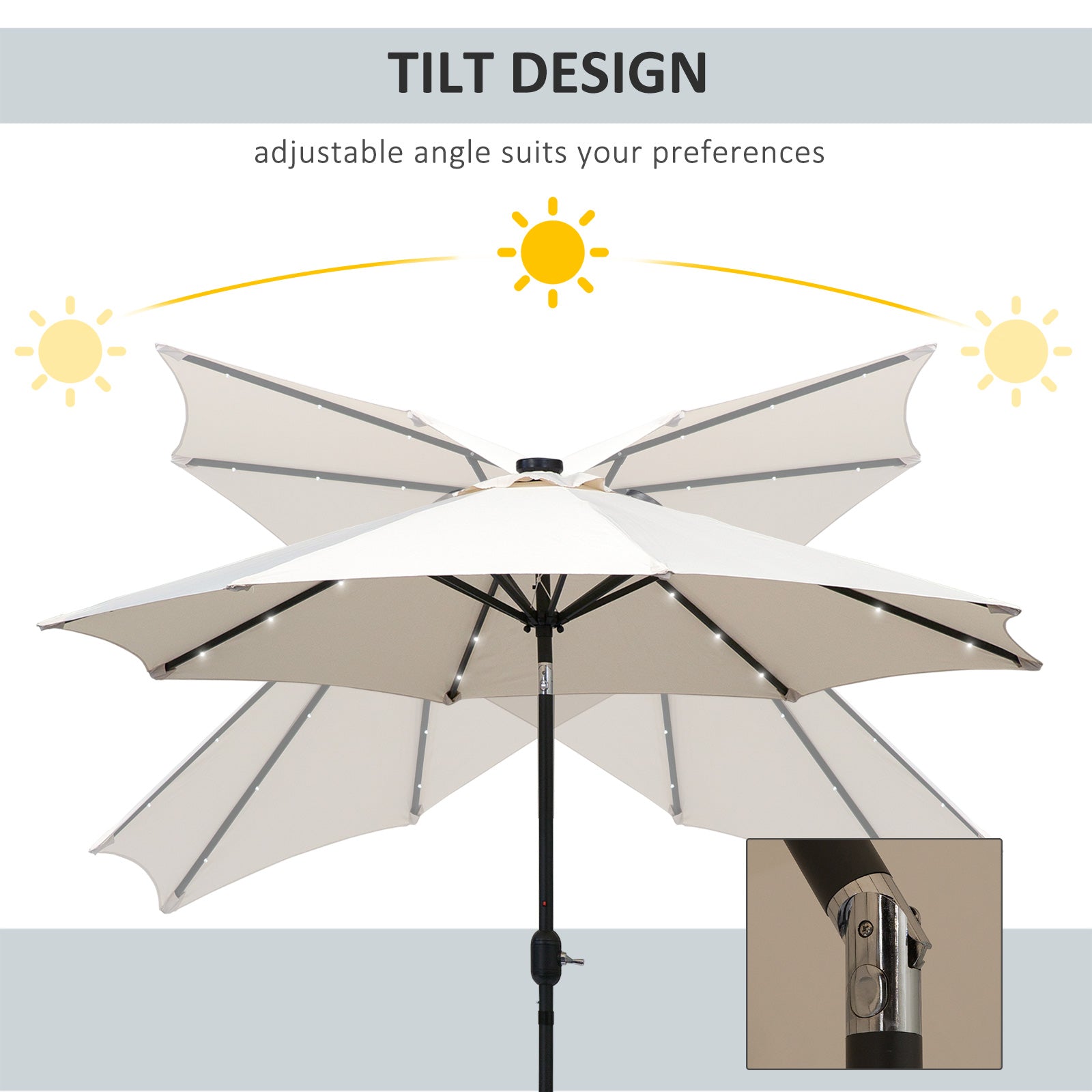 Outsunny 9ft Solar LED Patio Umbrella: Cream Outdoor Tilt Canopy with 24 Lights for Nighttime Ambiance