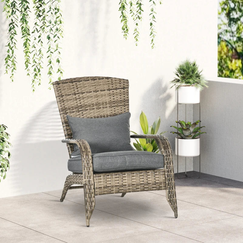 Wicker Adirondack Chair, PE Rattan Outdoor Fire Pit Chair Muskoka Chair with Cushions, Mixed Grey