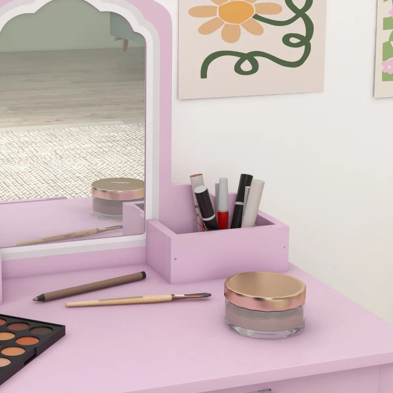Qaba Makeup Vanity with Mirror and Stool, Cloud Design, Drawer, Storage Boxes, for 3-6 Years Old, Pink