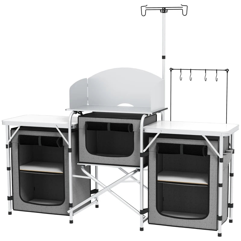 Aluminum Camping Kitchen, Portable Folding Camping Table with Fabric Cupboards, Windshield, Bag for BBQ, Picnic, Grey