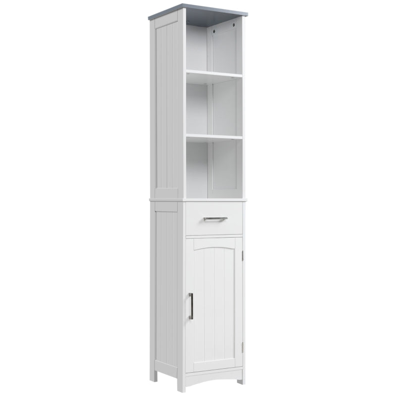 Tall Bathroom Storage Cabinet, Slim Bathroom Cabinet with 3 Tier Shelf, Drawer, Door, Freestanding Linen Tower, White
