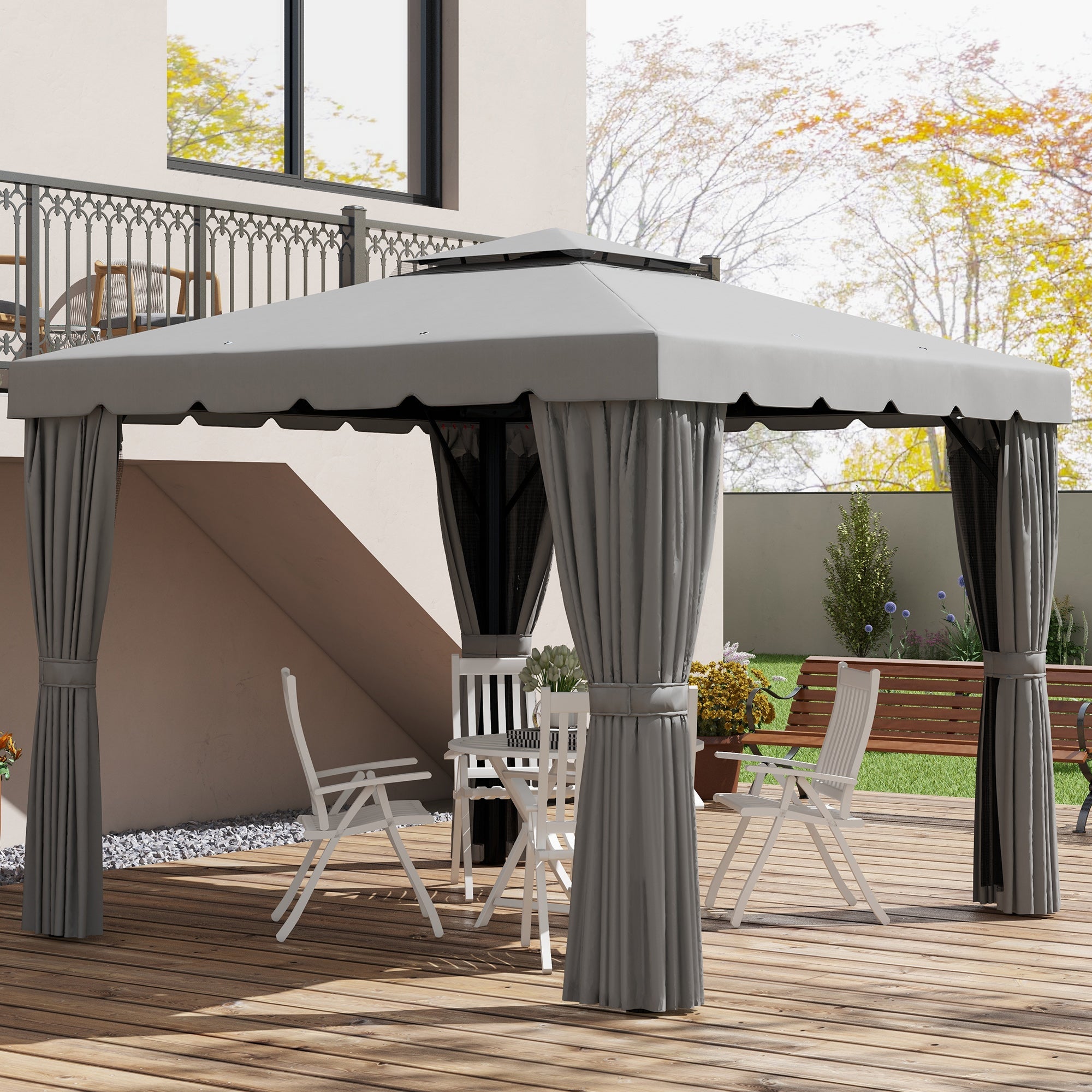 Outsunny 10' x 10' Outdoor Patio Gazebo Double Soft-top Garden Shelter with Curtains Mesh Screen Drapes Light Grey