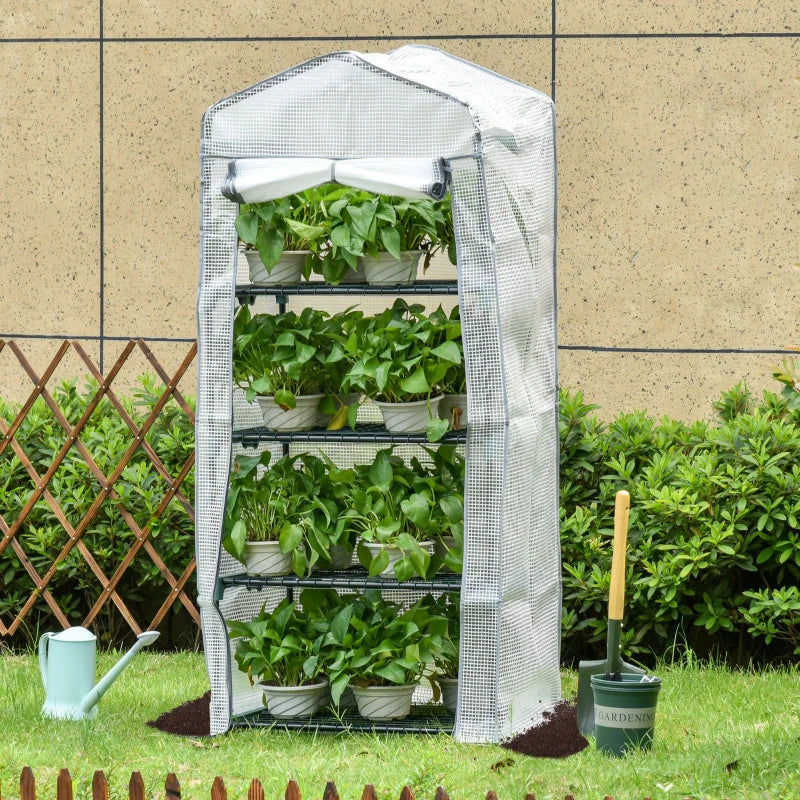 Portable Greenhouse Outdoor Hot House with 4 Tier Shelves, Steel Frame, PE Cover, 28" x 20" x 63" , White