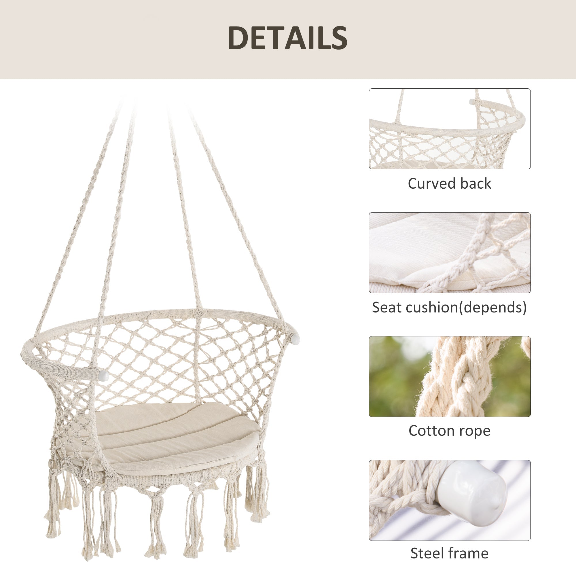 Outsunny Cotton Rope Hanging Hammock Chair Swing with Cushion Metal Frame for Patio Garden Cream White