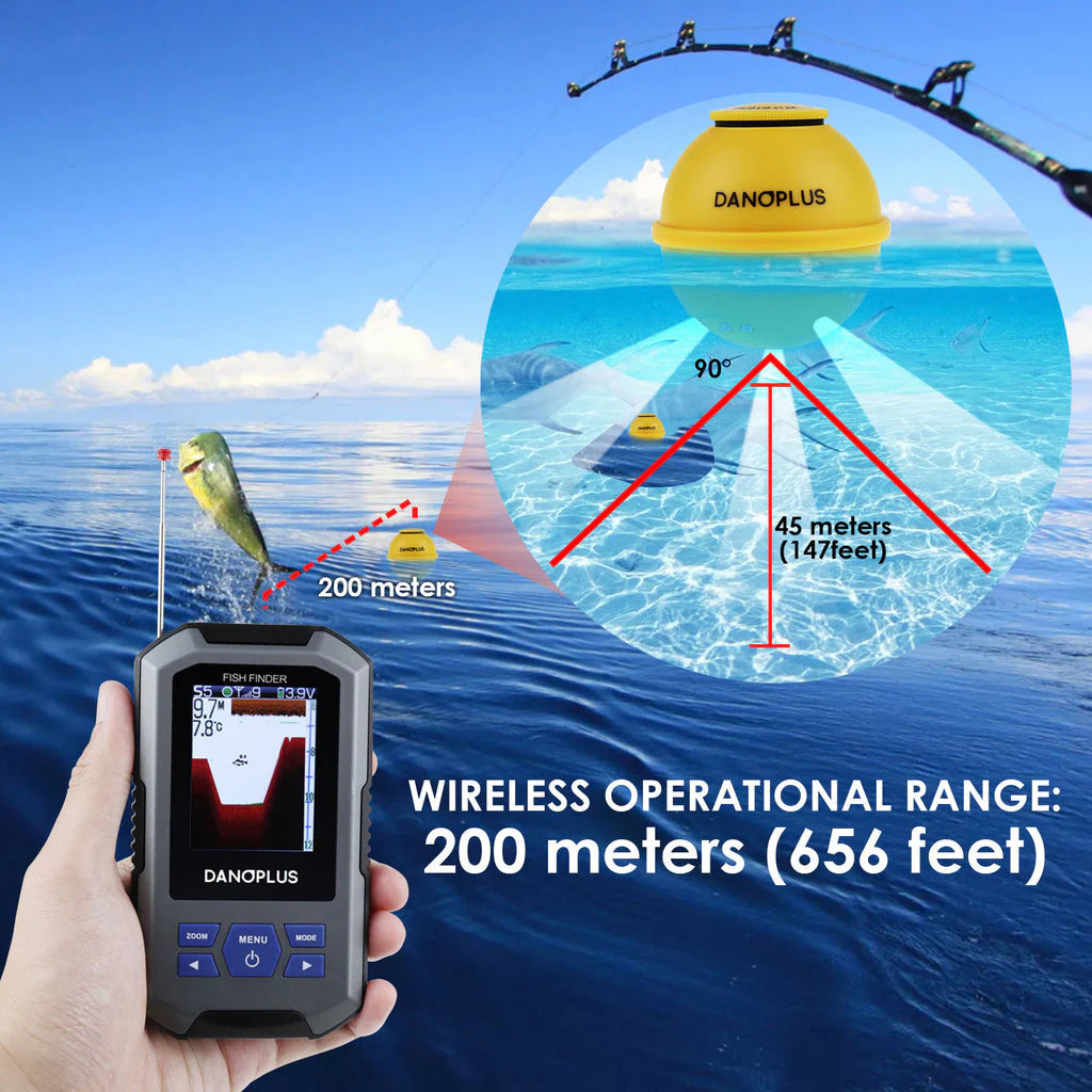 FFW-335 Wireless Fish Finder Sonar, 2.4" Color TFT LCD, 656 ft Wireless Range, 147 ft Depth Detection with Fish Alarm