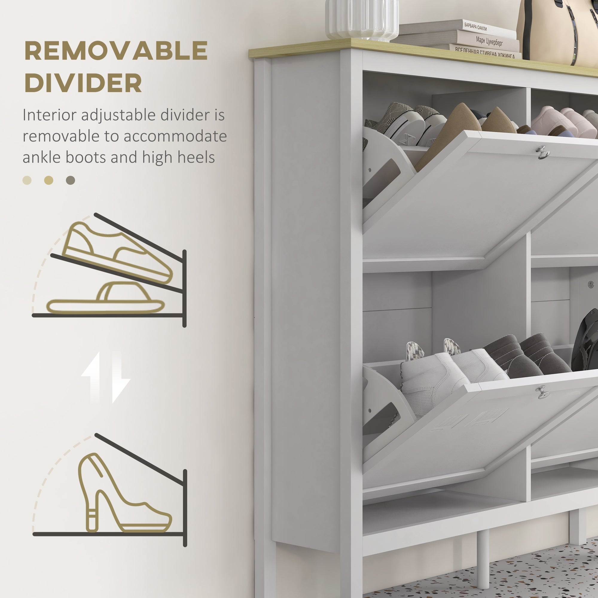 HOMCOM Shoe Chic: Modern Storage Cabinet with 4 Flip Drawers, Adjustable Shelves for 20 Pairs of Shoes, White Finish