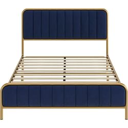 Full Gold Metal Platform Bed Frame with Navy Blue Velvet Upholstered Headboard - Free Shipping