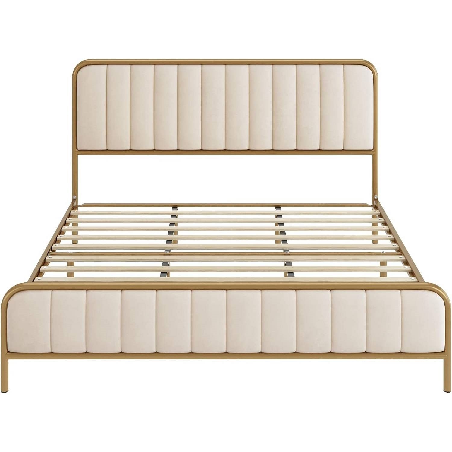 Full size Gold Metal Platform Bed Frame with Off-White Upholstered Headboard - Free Shipping