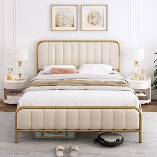 Full size Gold Metal Platform Bed Frame with Off-White Upholstered Headboard - Free Shipping