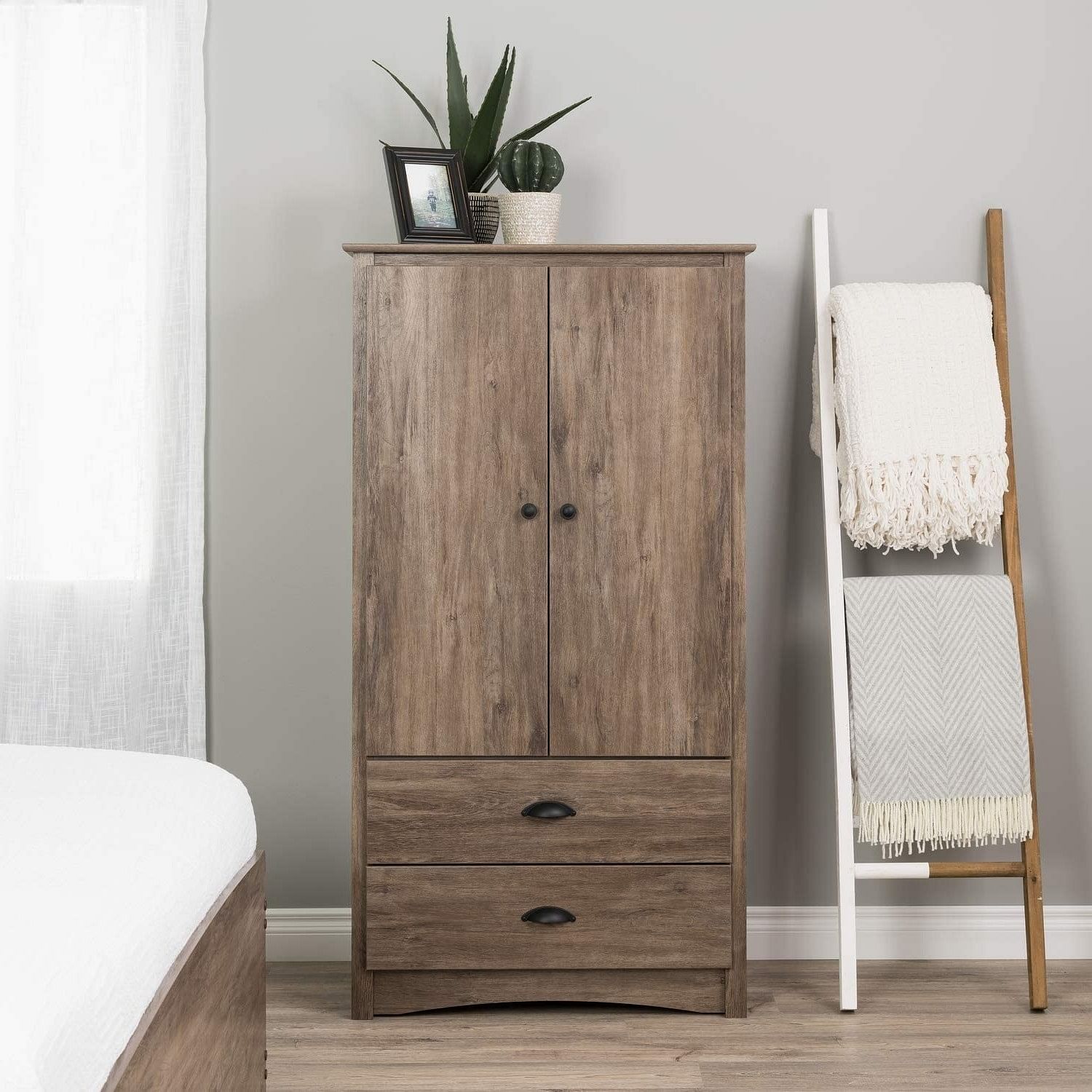 FarmHome Rustic 2 Drawer Bedroom Storage Armoire Grey Oak - Free Shipping