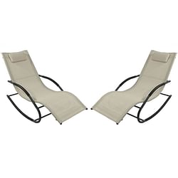 Set of 2 Beige Rocking Chaise Lounger Patio Lounge Chair with Pillow - Free Shipping